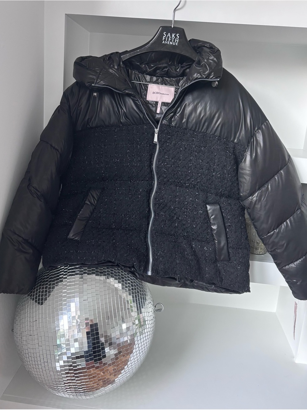 NWT BCBGeneration Black Quilted Puffer Jacket with sparkle Tweed Front